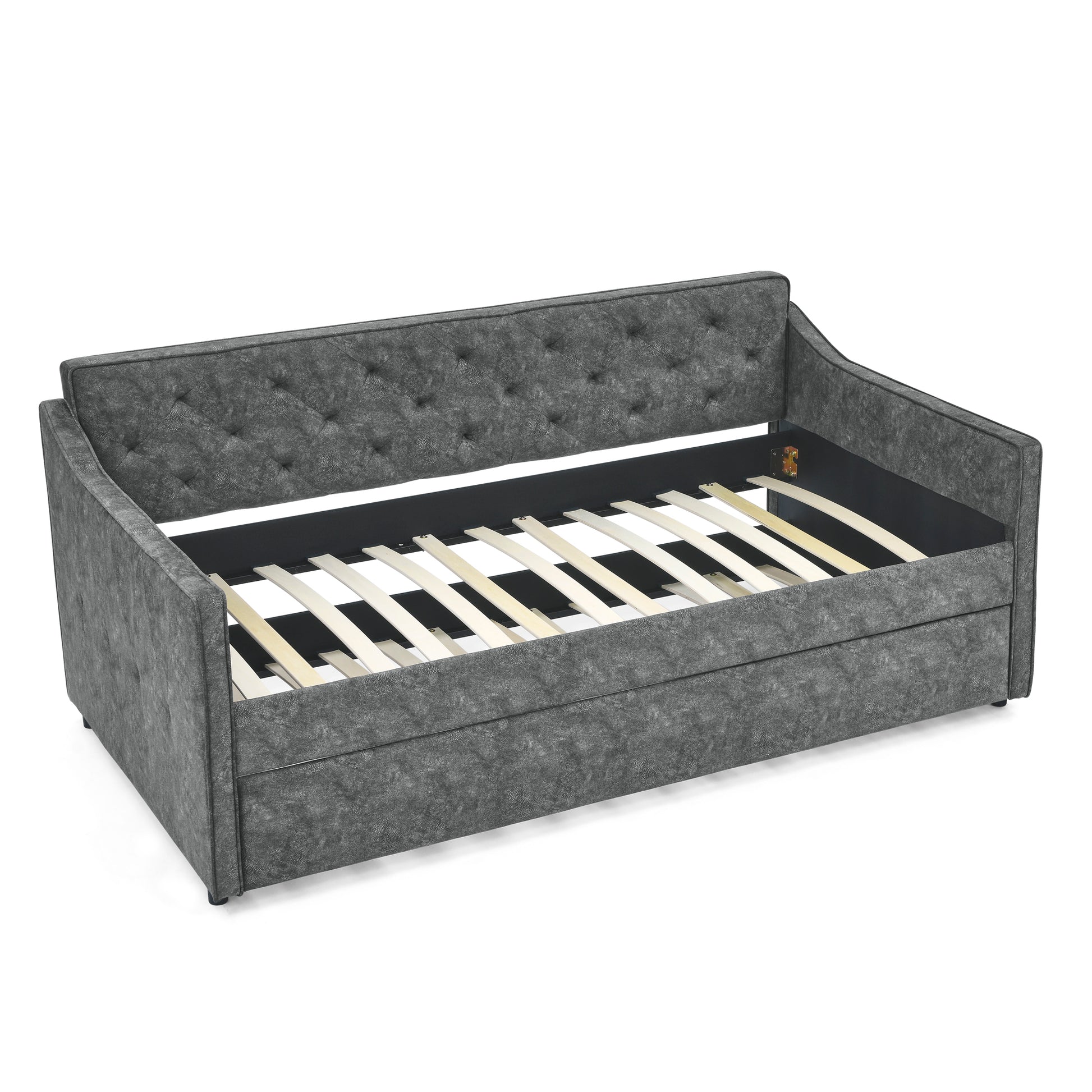 Twin Size Daybed With Twin Size Trundle Upholstered Tufted Sofa Bed, Waved Shape Arms, Grey 80.5"X44.5"X33.5" Grey Polyester