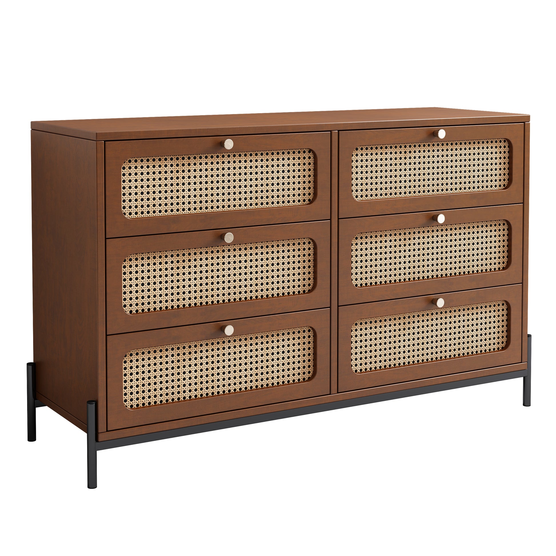 Modern Cannage Rattan Wood Closet 6 Drawer Dresser Wood Storage Cabinet Sideboard For Bedroom, Living Room, Entryway, Hallway, Walnut Walnut Wood