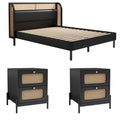 4 Pieces Modern Cannage Rattan Platform Queen Bed Nightstand*2 Dresser, Black Black Wood