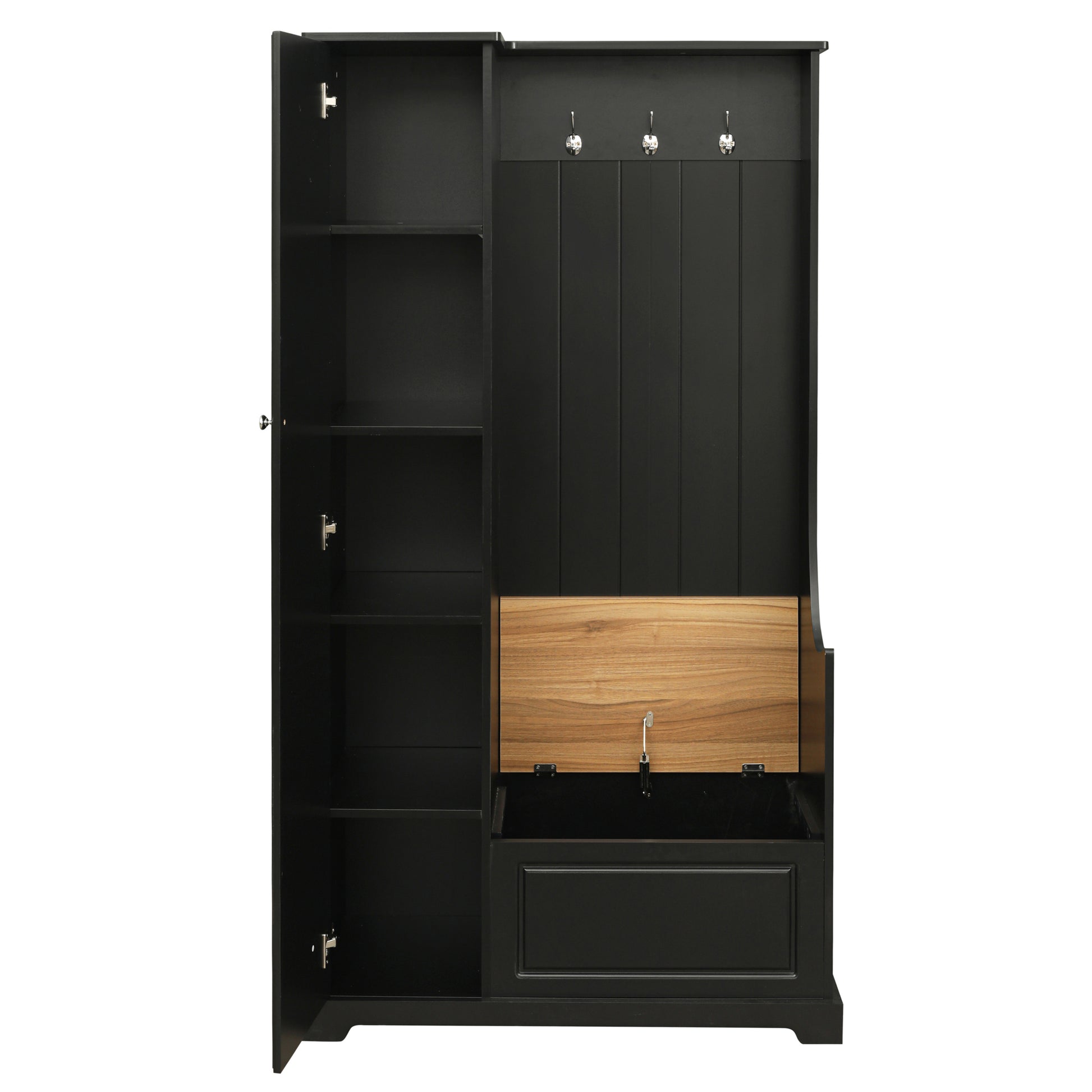 Stylish Design Hall Tree With Flip Up Bench, Minimalist Hallway Shoe Cabinet With Adjustable Shelves, Multifunctional Furniture With Hanging Hooks For Entryways, Mudroom, Black High Back Black Primary Living Space Minimalist Wood Flip Top Mdf