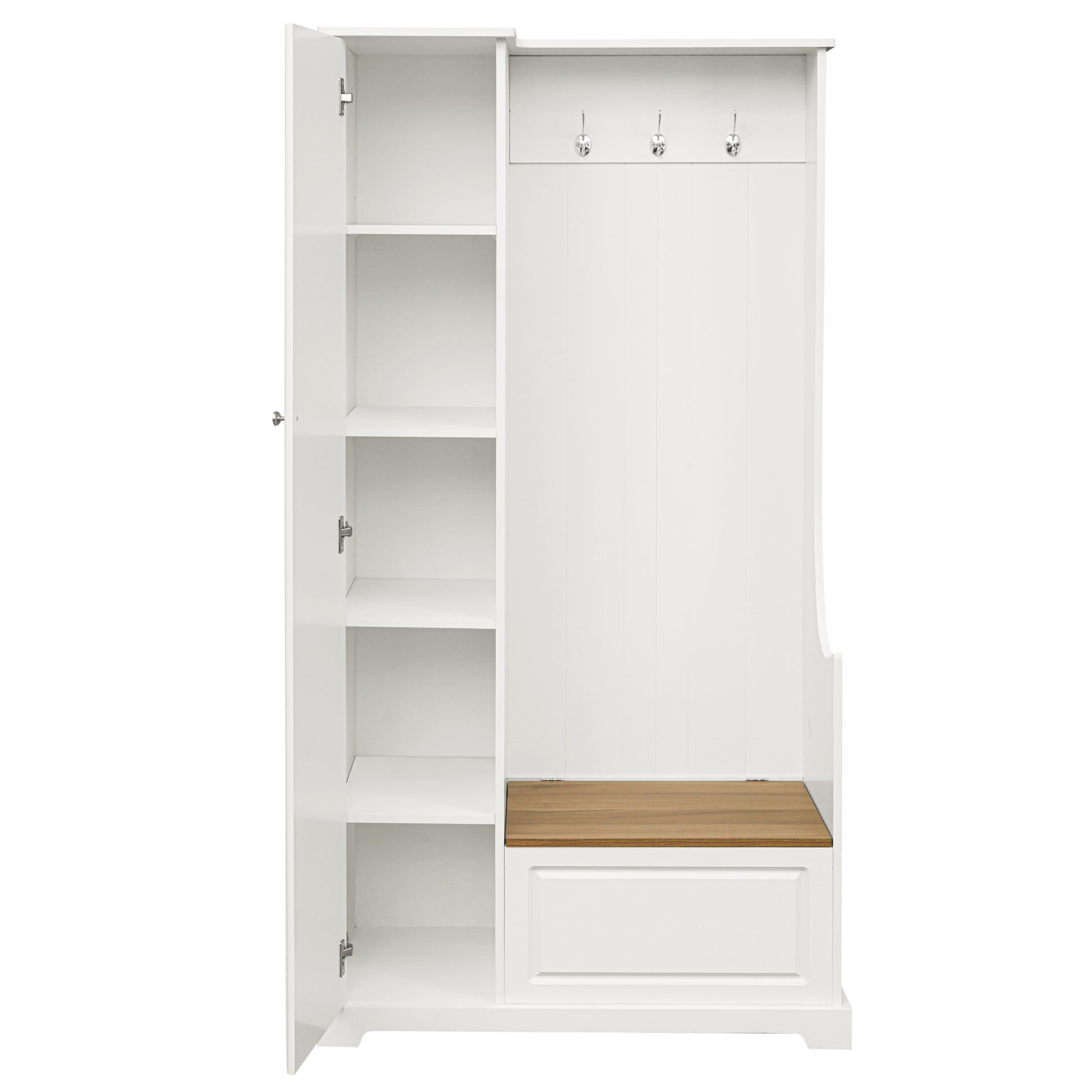 Stylish Design Hall Tree With Flip Up Bench, Minimalist Hallway Shoe Cabinet With Adjustable Shelves, Multifunctional Furniture With Hanging Hooks For Entryways, Mudroom, White High Back White