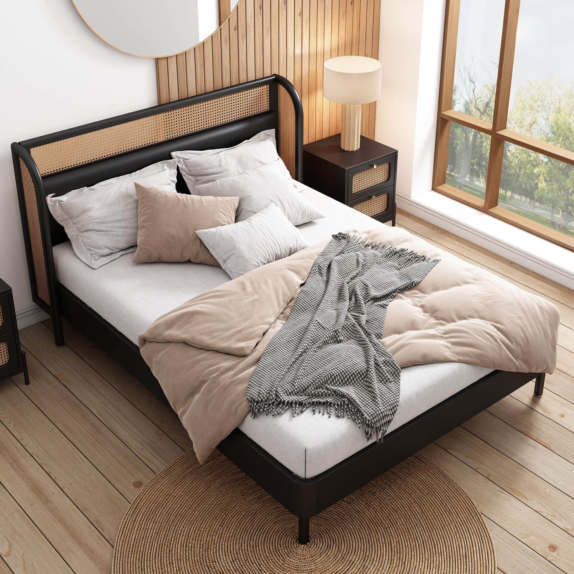 4 Pieces Modern Cannage Rattan Platform Queen Bed Nightstand*2 Dresser, Black Black Wood