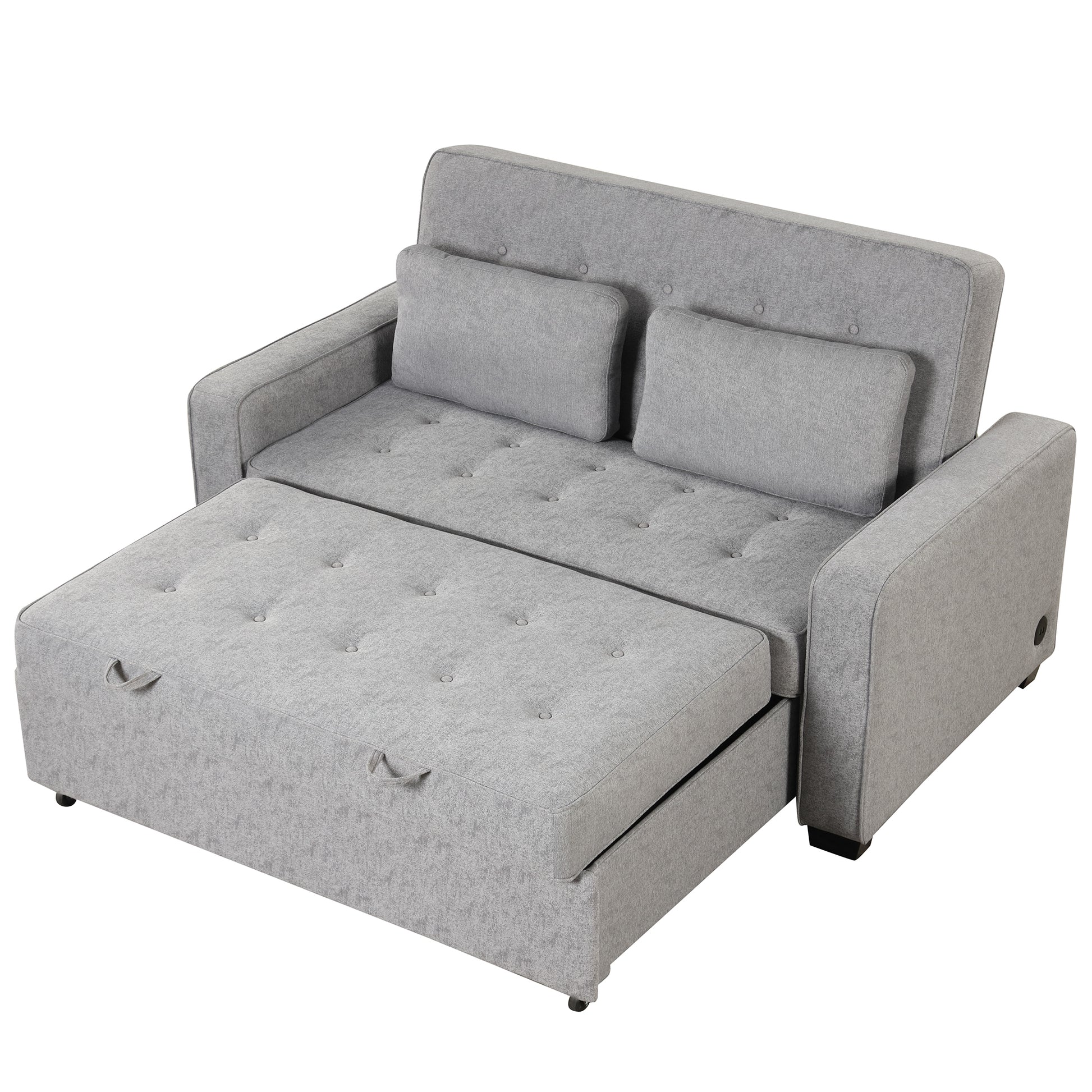 66.5" Linen Upholstered Sleeper Bedpull Out Sofa Bed Couch Attached Two Throw Pillows,Dual Usb Charging Port And Adjustable Backrest For Living Room Space, Gray Gray Foam Linen 2 Seat