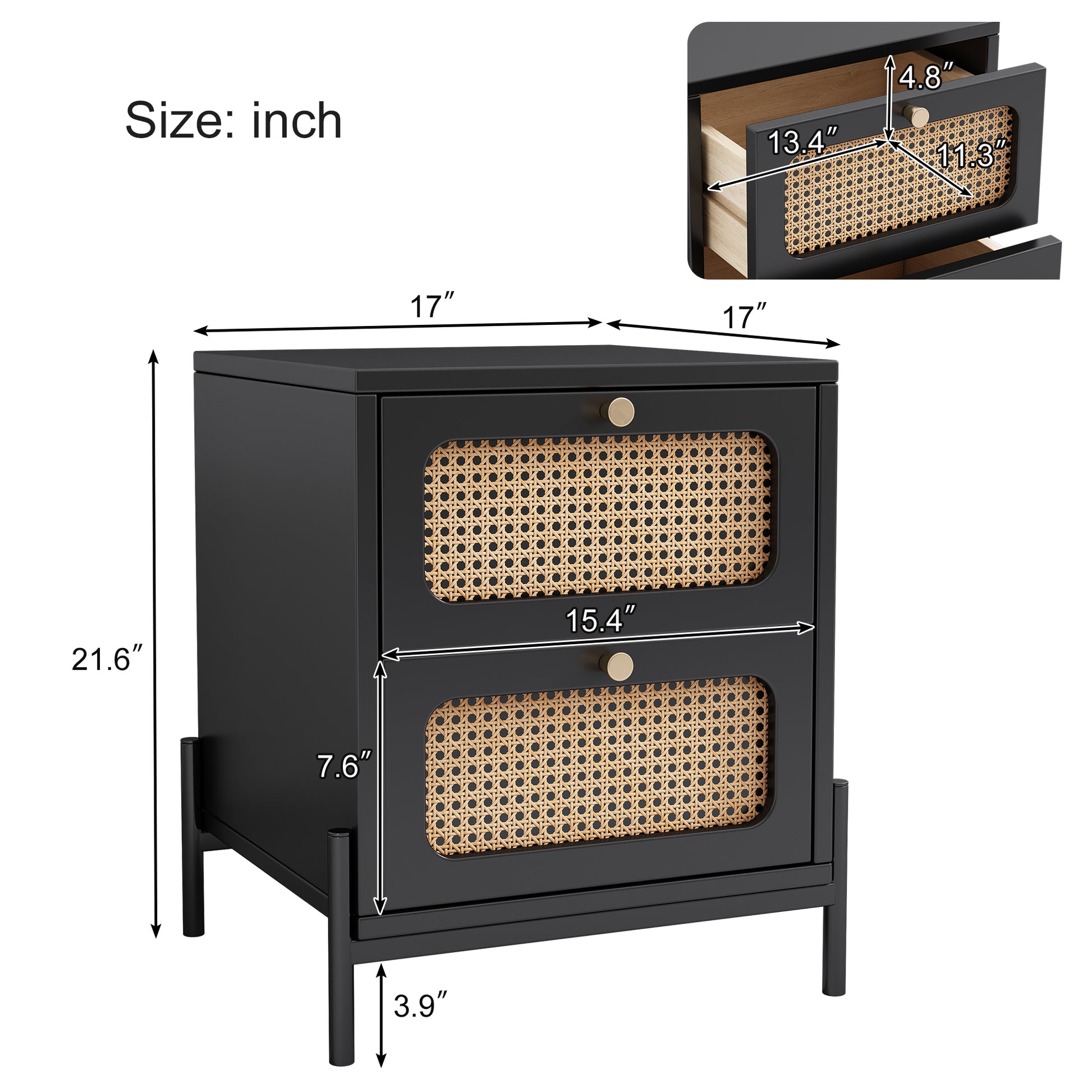 4 Pieces Modern Cannage Rattan Platform Queen Bed Nightstand*2 Dresser, Black Black Wood