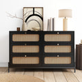 4 Pieces Modern Cannage Rattan Platform Queen Bed Nightstand*2 Dresser, Black Black Wood