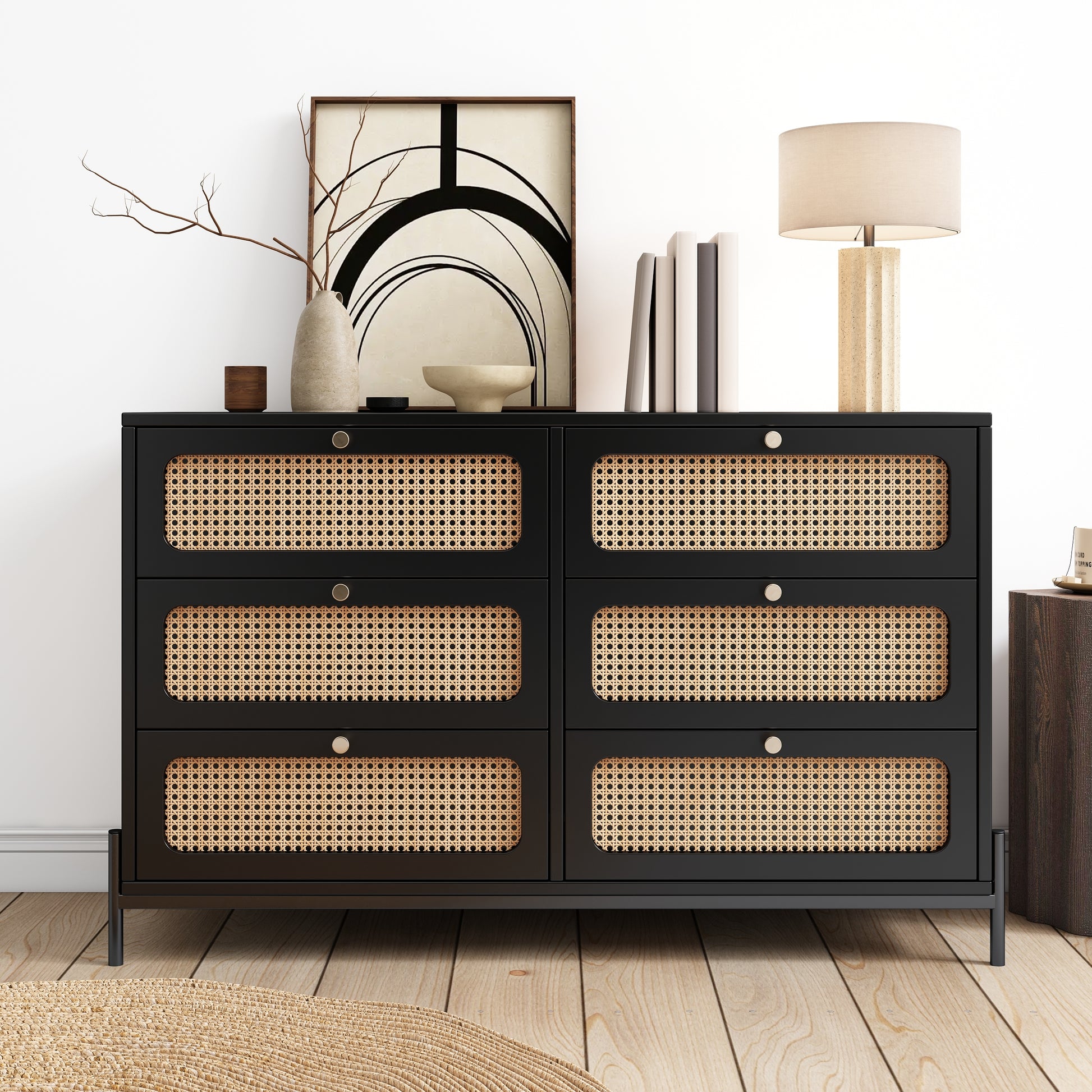 4 Pieces Modern Cannage Rattan Platform Queen Bed Nightstand*2 Dresser, Black Black Wood