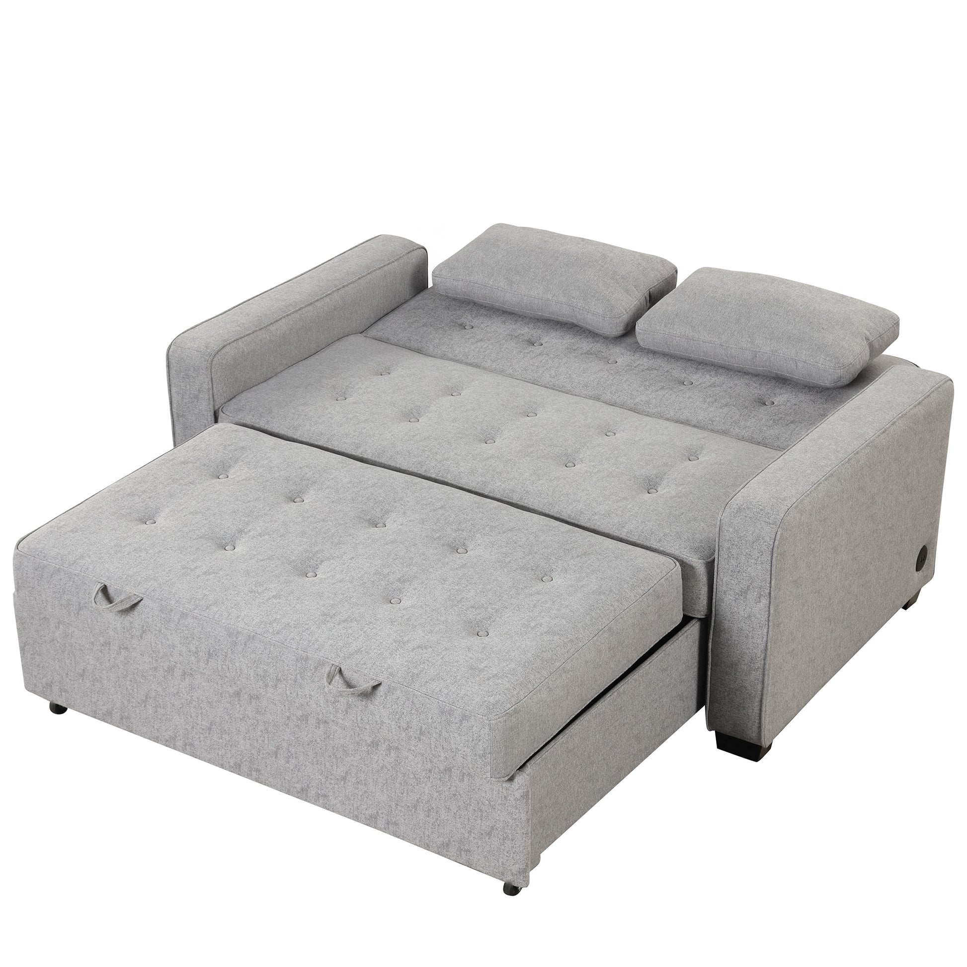 66.5" Linen Upholstered Sleeper Bedpull Out Sofa Bed Couch Attached Two Throw Pillows,Dual Usb Charging Port And Adjustable Backrest For Living Room Space, Gray Gray Foam Linen 2 Seat