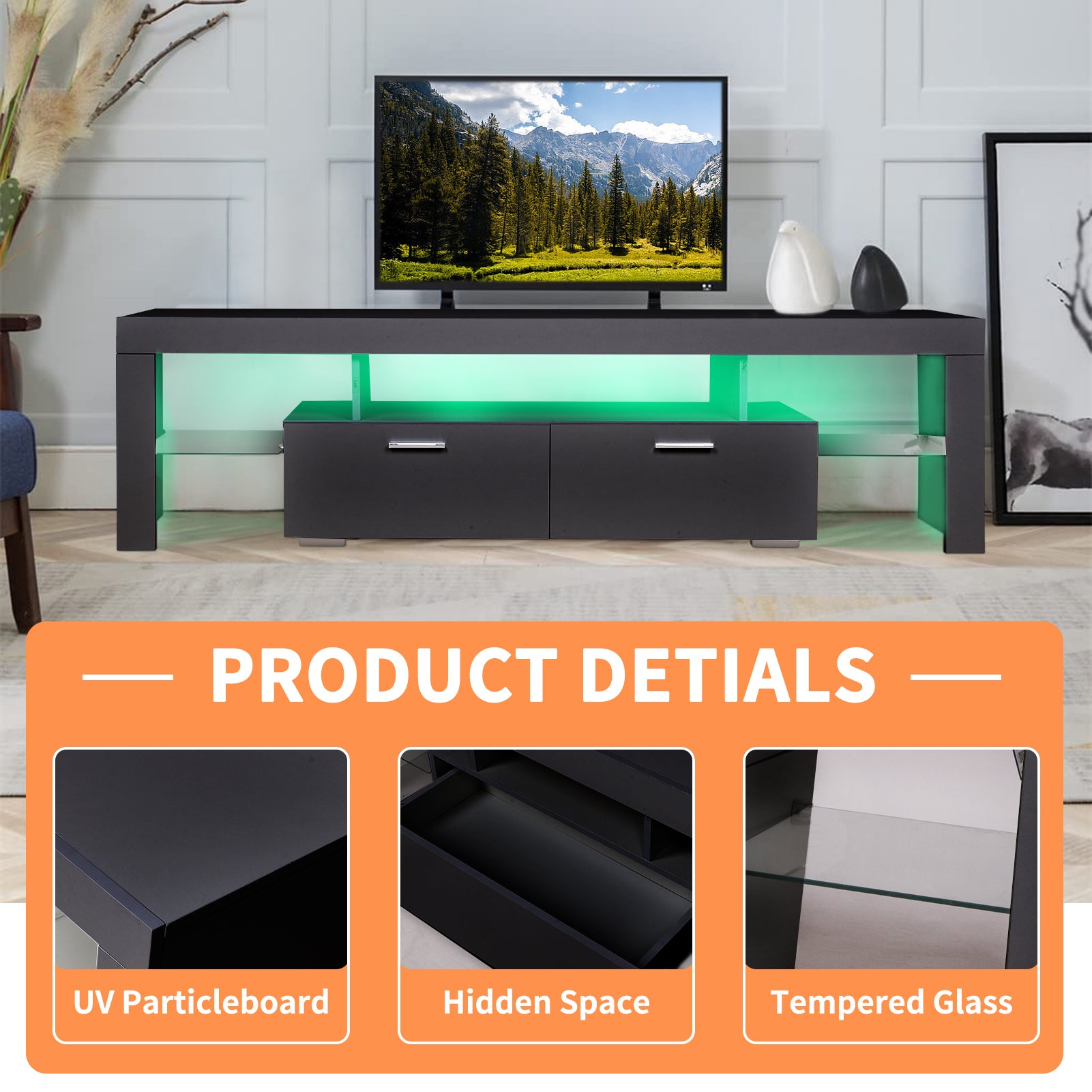 Led Tv Stand Modern Tv Stand With Storage Entertainment Center With Drawer Tv Cabinet For Up To 75 Inch For Gaming Living Room Bedroom Black Particle Board