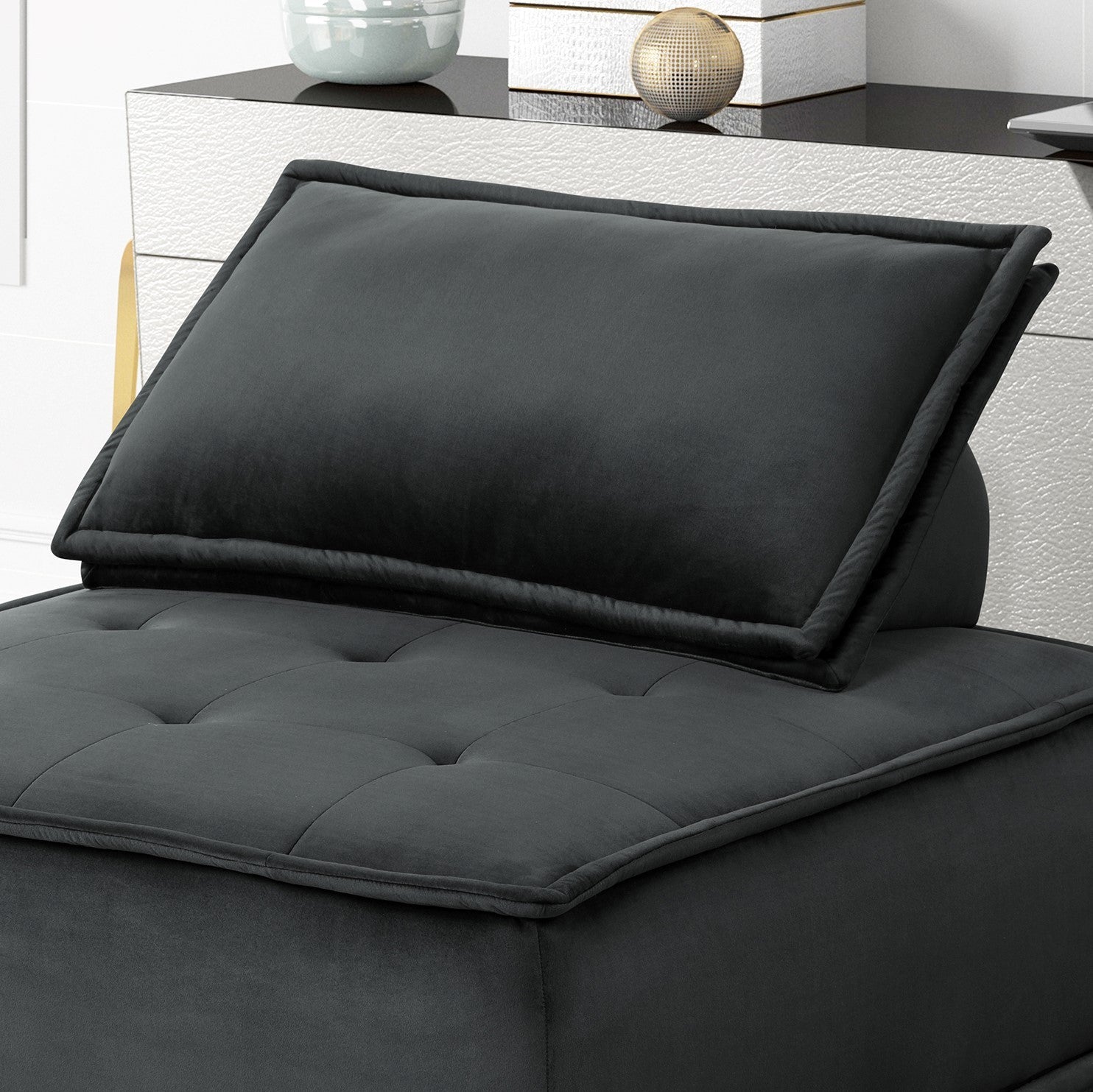 Anna 80" Black Velvet 3 Pc Sectional Sofa Ottoman Black Velvet