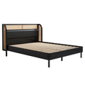 4 Pieces Modern Cannage Rattan Platform Queen Bed Nightstand*2 Dresser, Black Black Wood