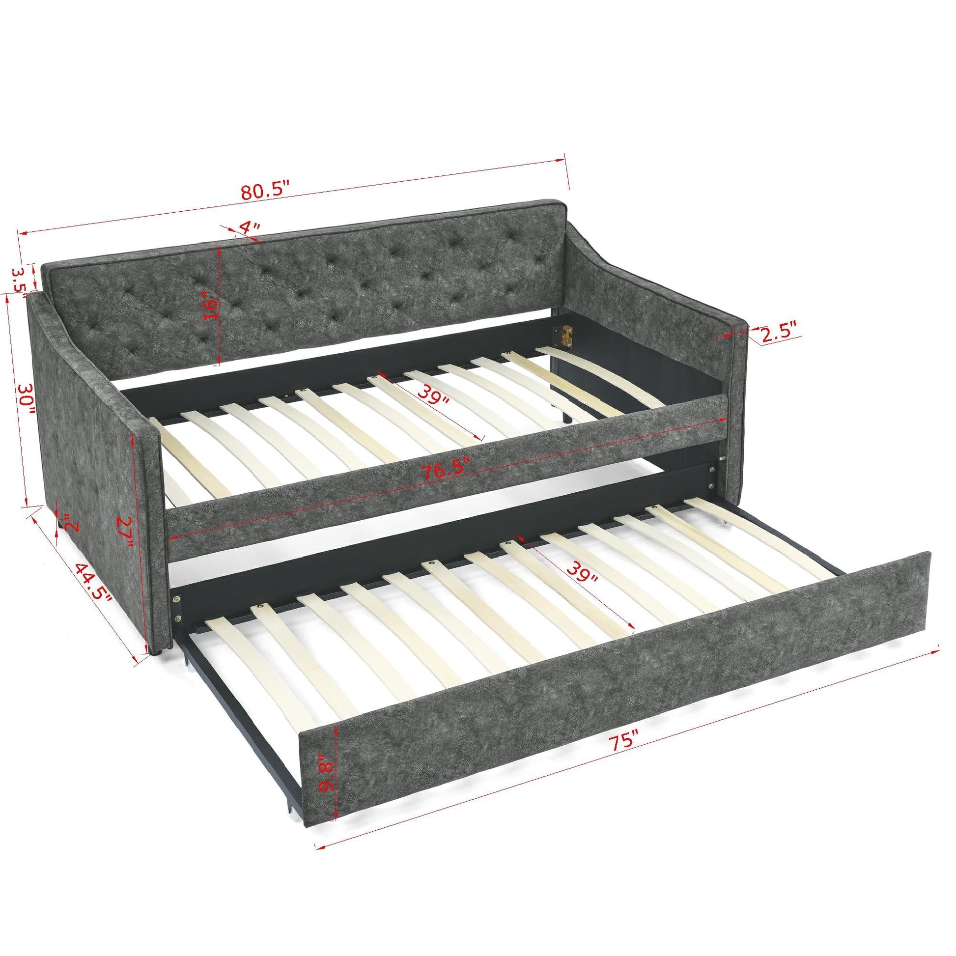 Twin Size Daybed With Twin Size Trundle Upholstered Tufted Sofa Bed, Waved Shape Arms, Grey 80.5"X44.5"X33.5" Grey Polyester