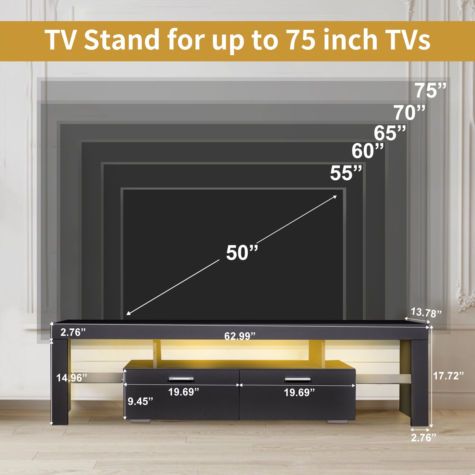 Led Tv Stand Modern Tv Stand With Storage Entertainment Center With Drawer Tv Cabinet For Up To 75 Inch For Gaming Living Room Bedroom Black Particle Board