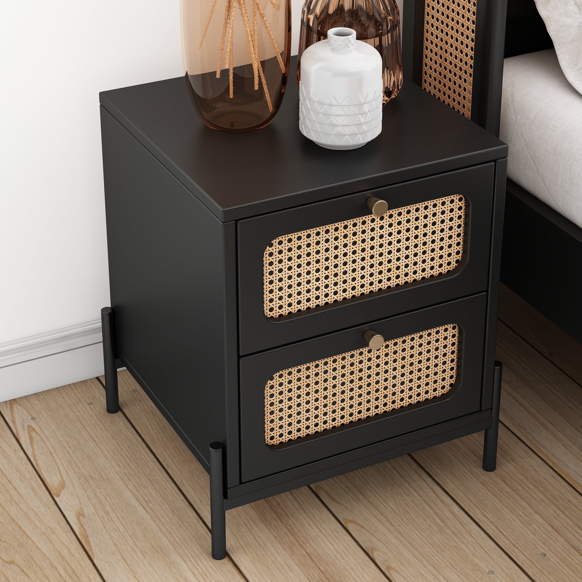 4 Pieces Modern Cannage Rattan Platform Queen Bed Nightstand*2 Dresser, Black Black Wood