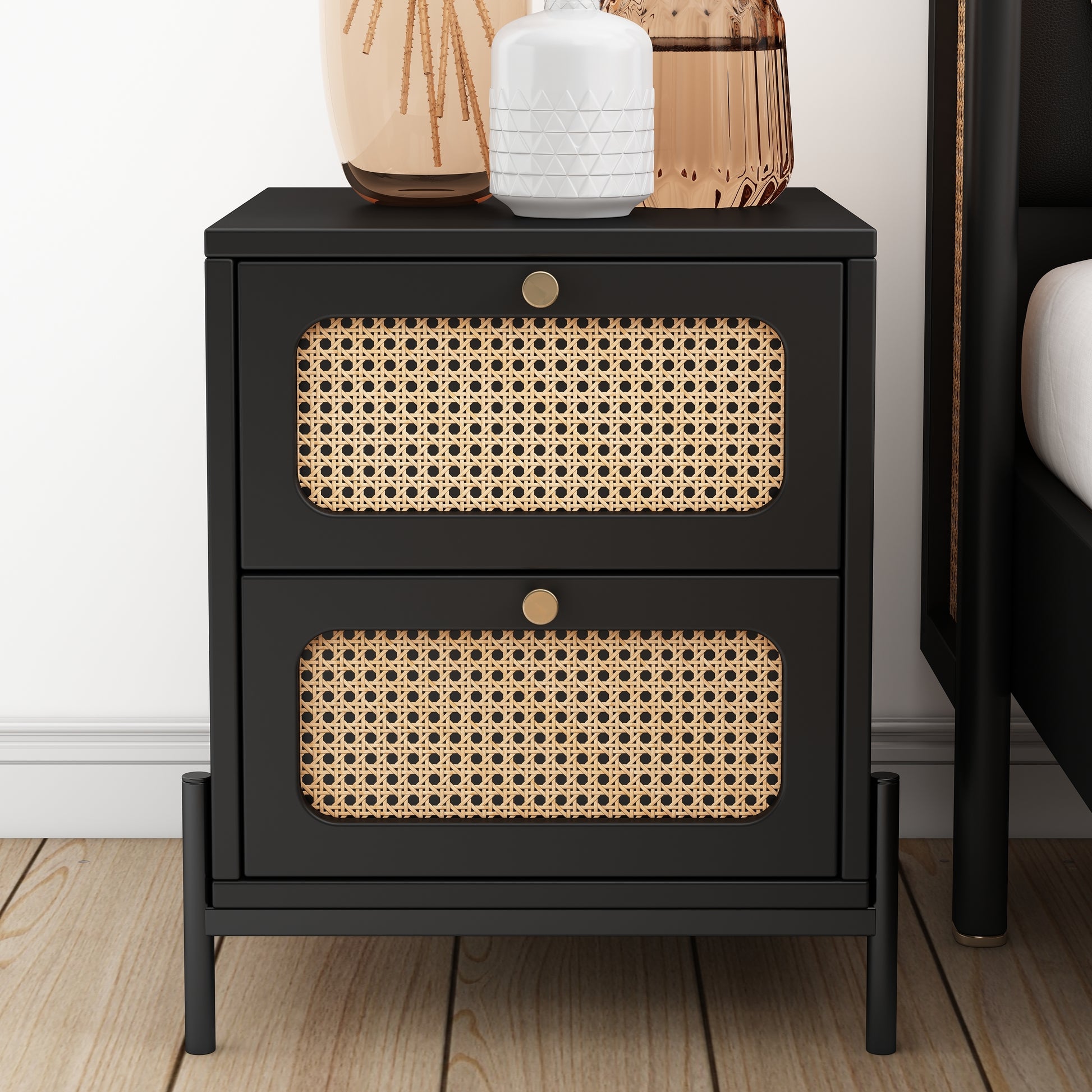 4 Pieces Modern Cannage Rattan Platform Queen Bed Nightstand*2 Dresser, Black Black Wood