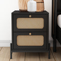 Modern Cannage Rattan Wood Closet 2 Drawer Side Table End Table Nightstand For Bedroom, Living Room, Entryway, Hallway, Black Black Wood