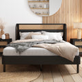 4 Pieces Modern Cannage Rattan Platform Queen Bed Nightstand*2 Dresser, Black Black Wood