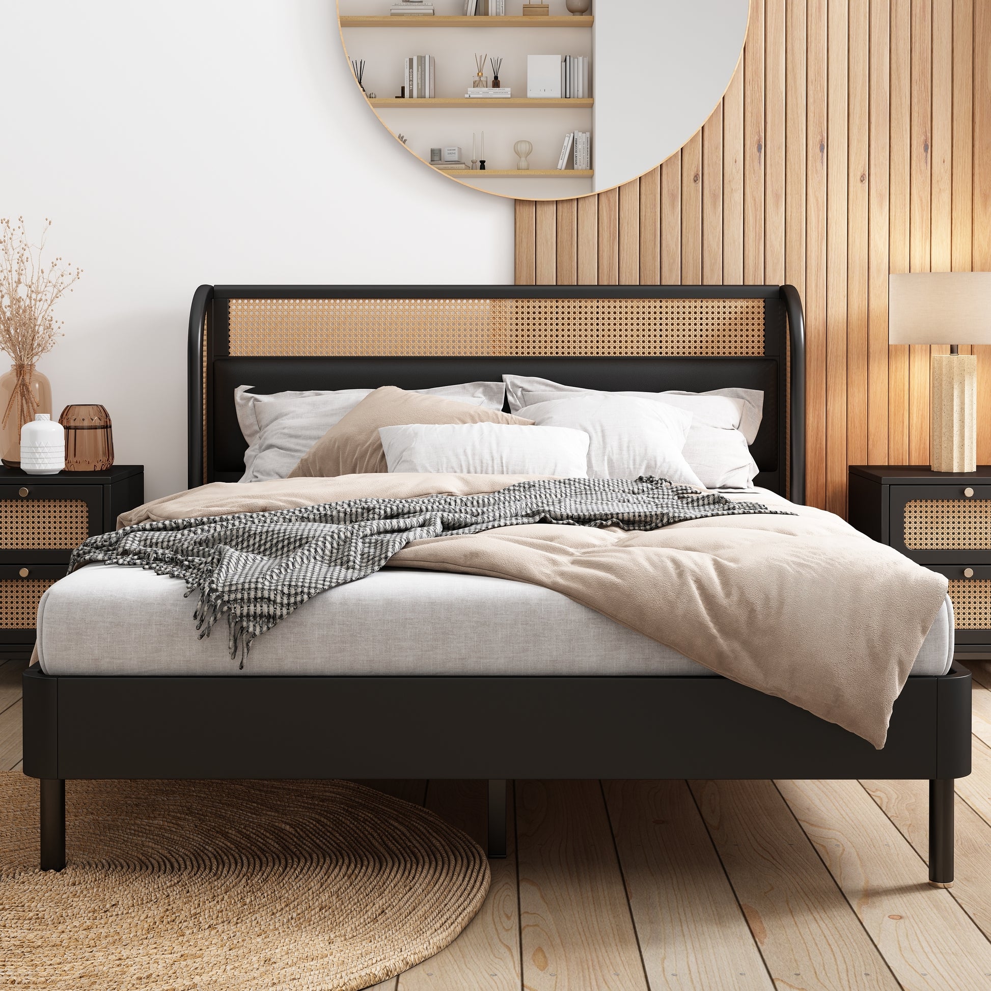4 Pieces Modern Cannage Rattan Platform Queen Bed Nightstand*2 Dresser, Black Black Wood