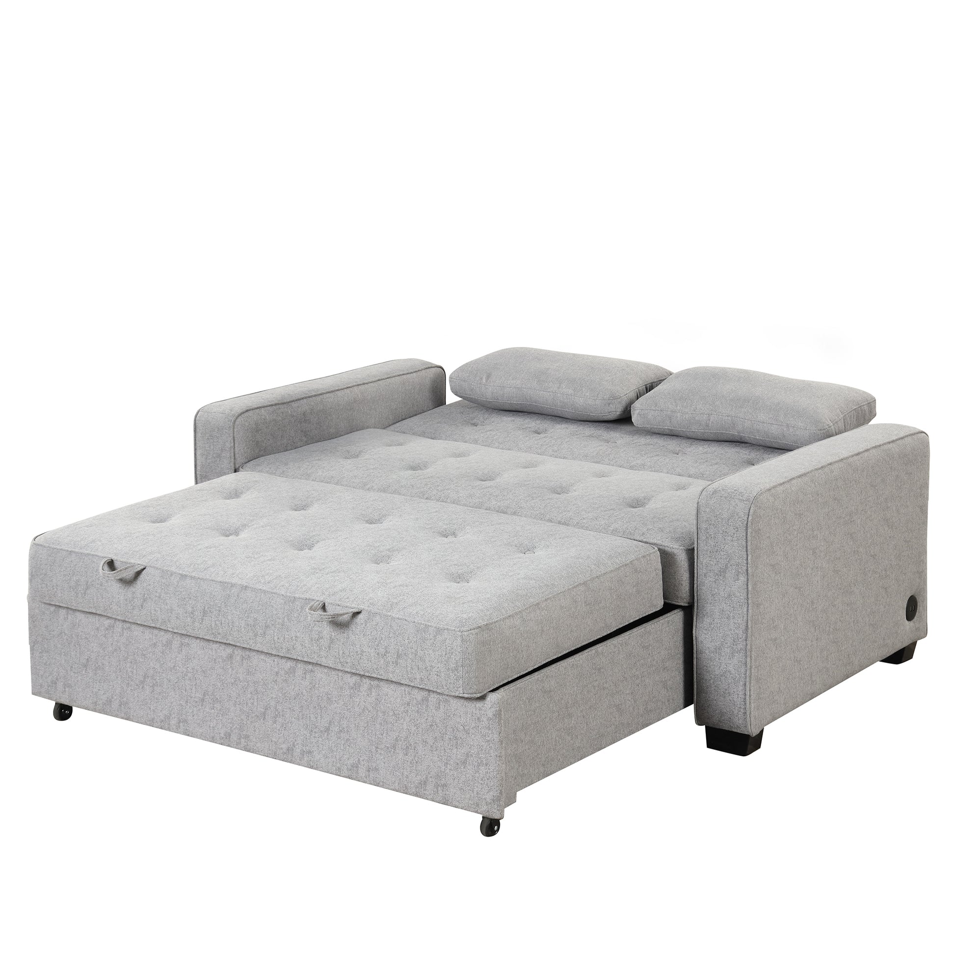 66.5" Linen Upholstered Sleeper Bedpull Out Sofa Bed Couch Attached Two Throw Pillows,Dual Usb Charging Port And Adjustable Backrest For Living Room Space, Gray Gray Foam Linen 2 Seat