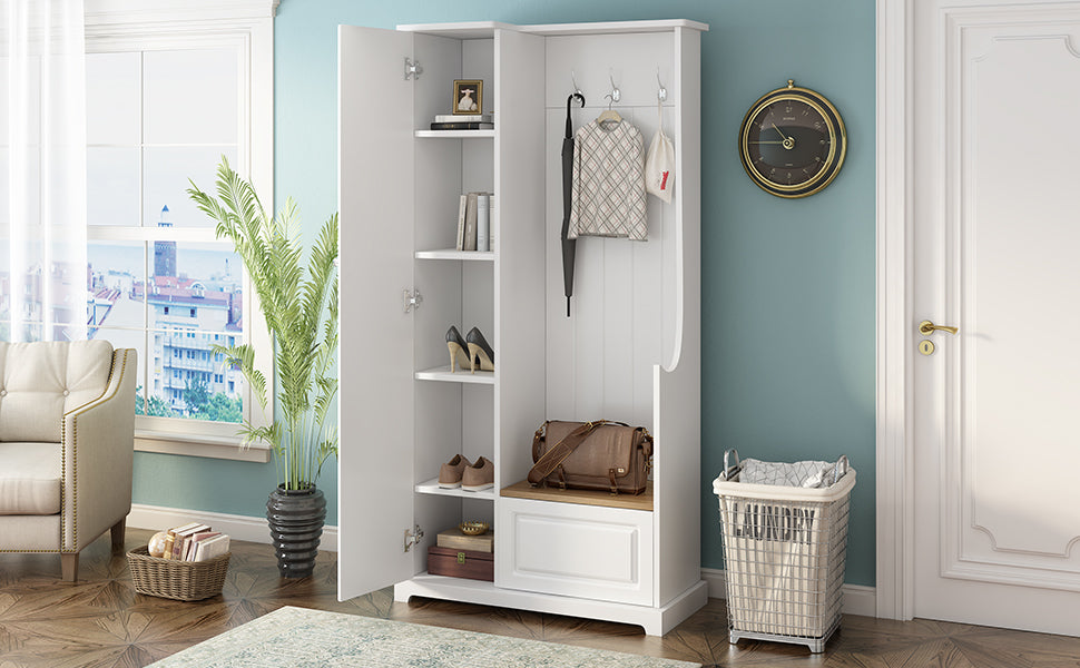 Stylish Design Hall Tree With Flip Up Bench, Minimalist Hallway Shoe Cabinet With Adjustable Shelves, Multifunctional Furniture With Hanging Hooks For Entryways, Mudroom, White High Back White