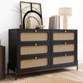 4 Pieces Modern Cannage Rattan Platform Queen Bed Nightstand*2 Dresser, Black Black Wood