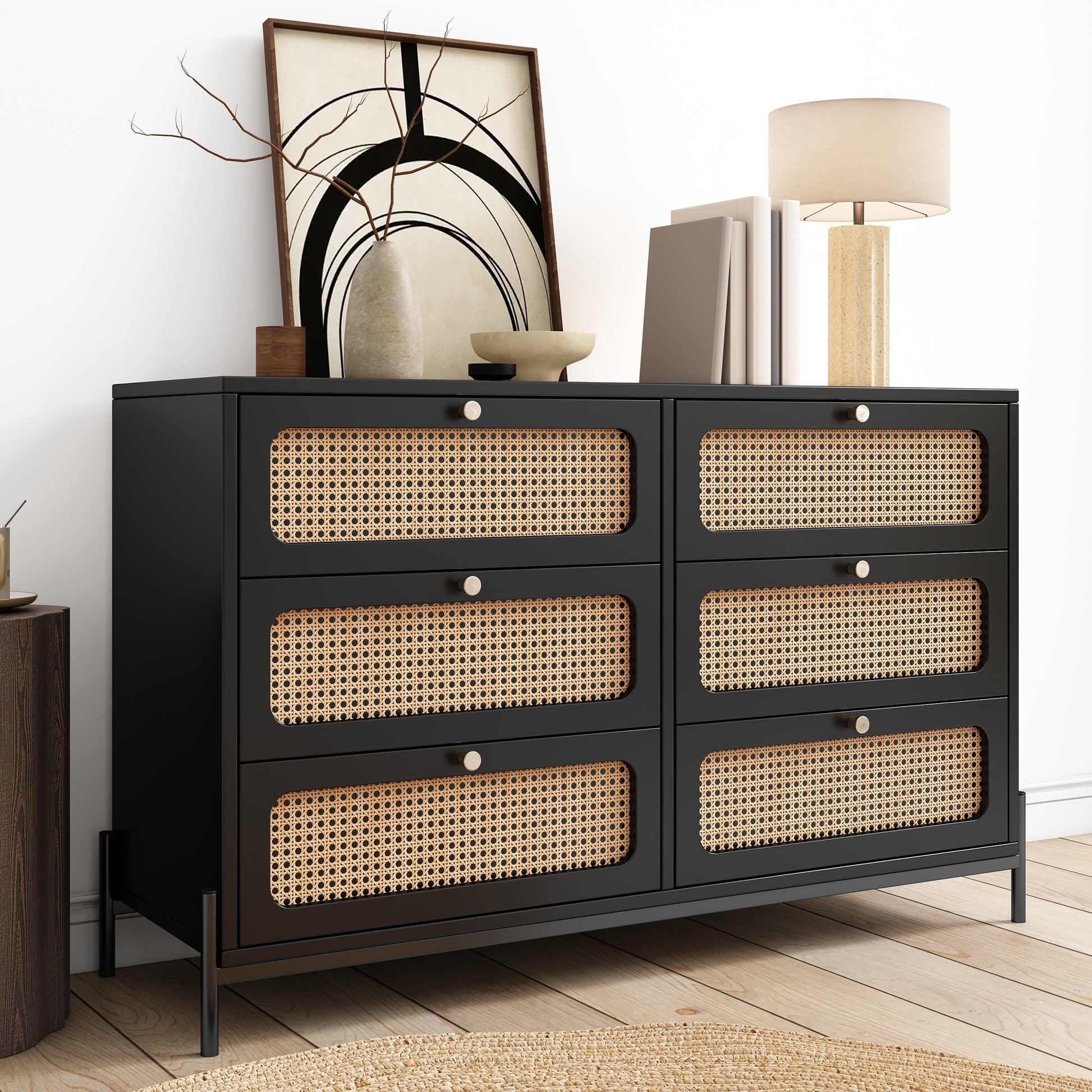 4 Pieces Modern Cannage Rattan Platform Queen Bed Nightstand*2 Dresser, Black Black Wood