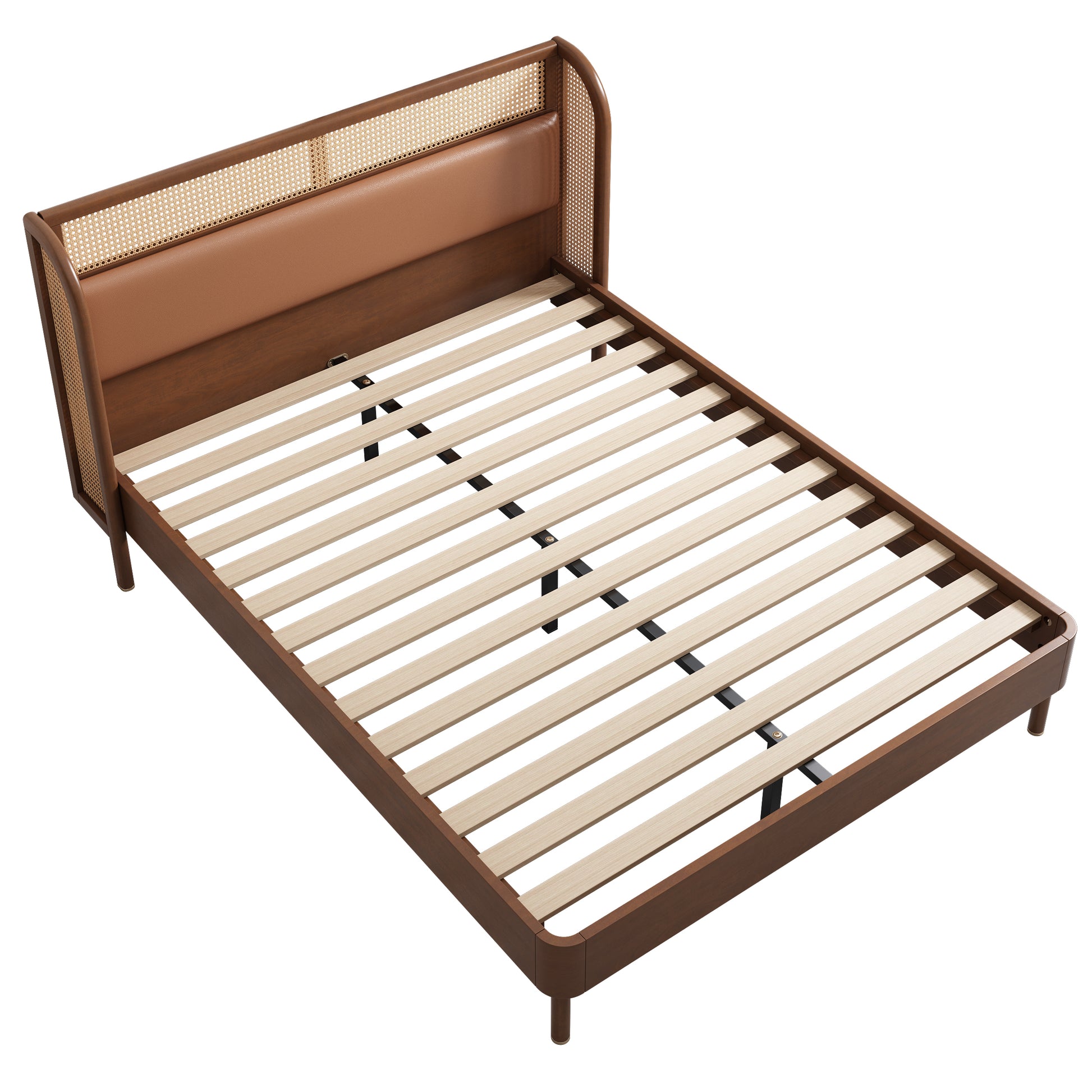 Modern Cannage Rattan Wood Platform Queen Bed, Walnut Walnut Wood