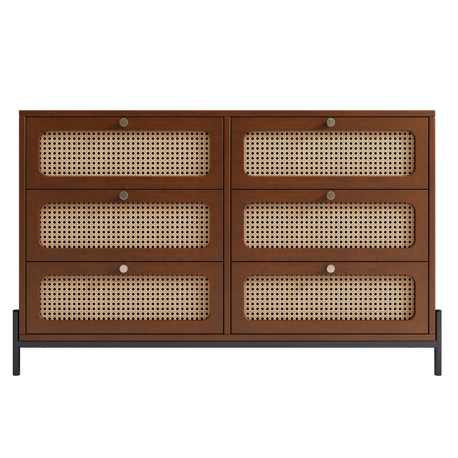 Modern Cannage Rattan Wood Closet 6 Drawer Dresser Wood Storage Cabinet Sideboard For Bedroom, Living Room, Entryway, Hallway, Walnut Walnut Wood