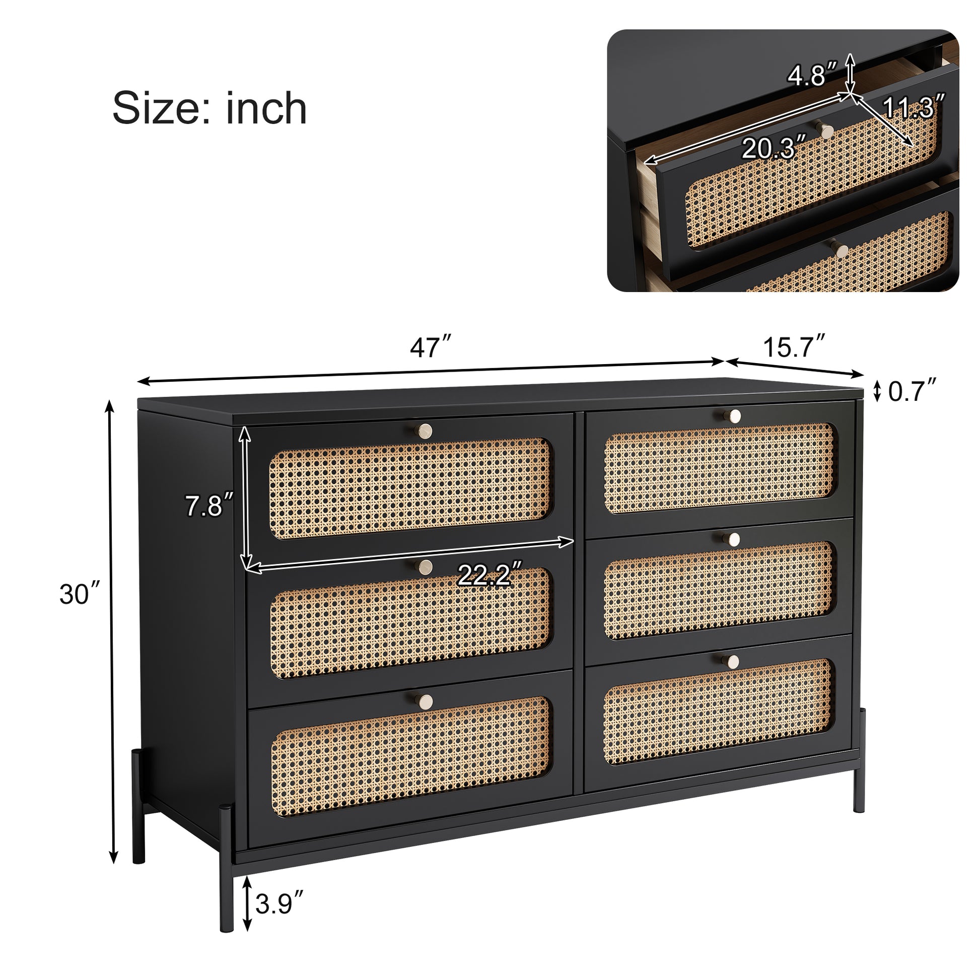 4 Pieces Modern Cannage Rattan Platform Queen Bed Nightstand*2 Dresser, Black Black Wood