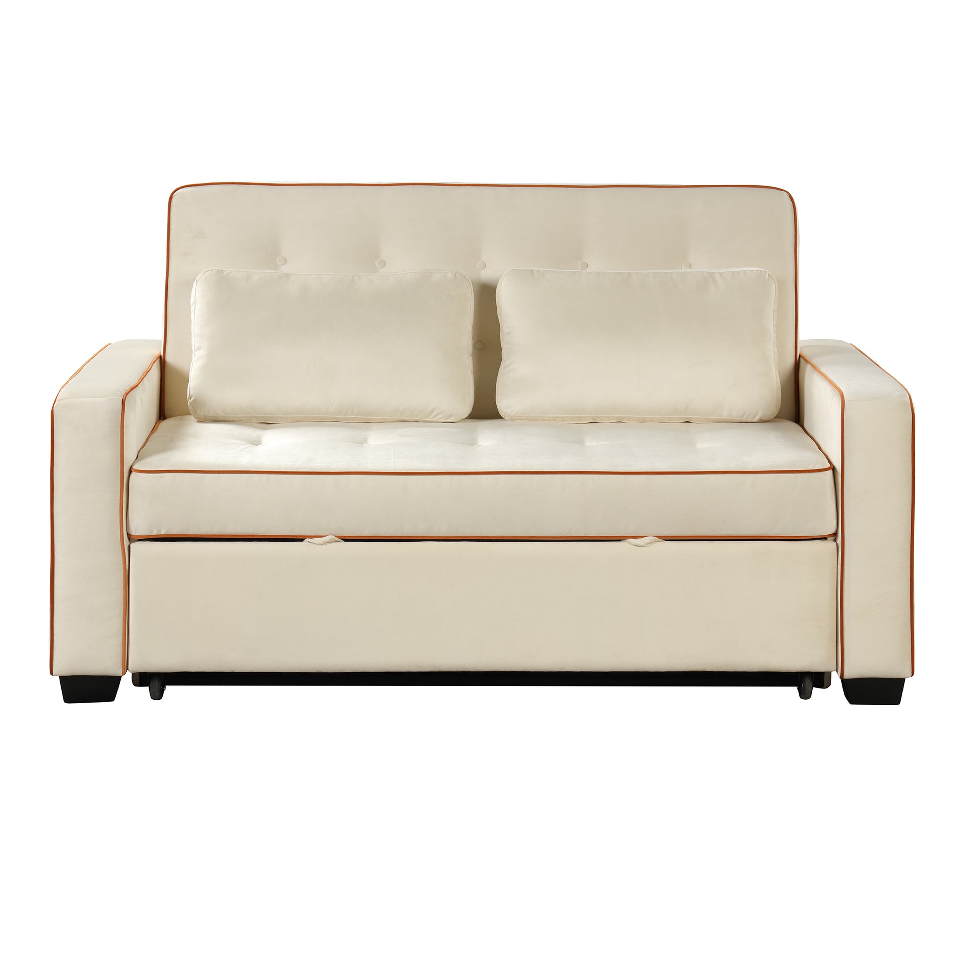 66.5" Velvet Upholstered Sleeper Bedpull Out Sofa Bed Couch Attached Two Throw Pillows,Dual Usb Charging Port And Adjustable Backrest For Living Room Space, Light Beige Beige Foam Velvet 2 Seat