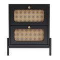 4 Pieces Modern Cannage Rattan Platform Queen Bed Nightstand*2 Dresser, Black Black Wood