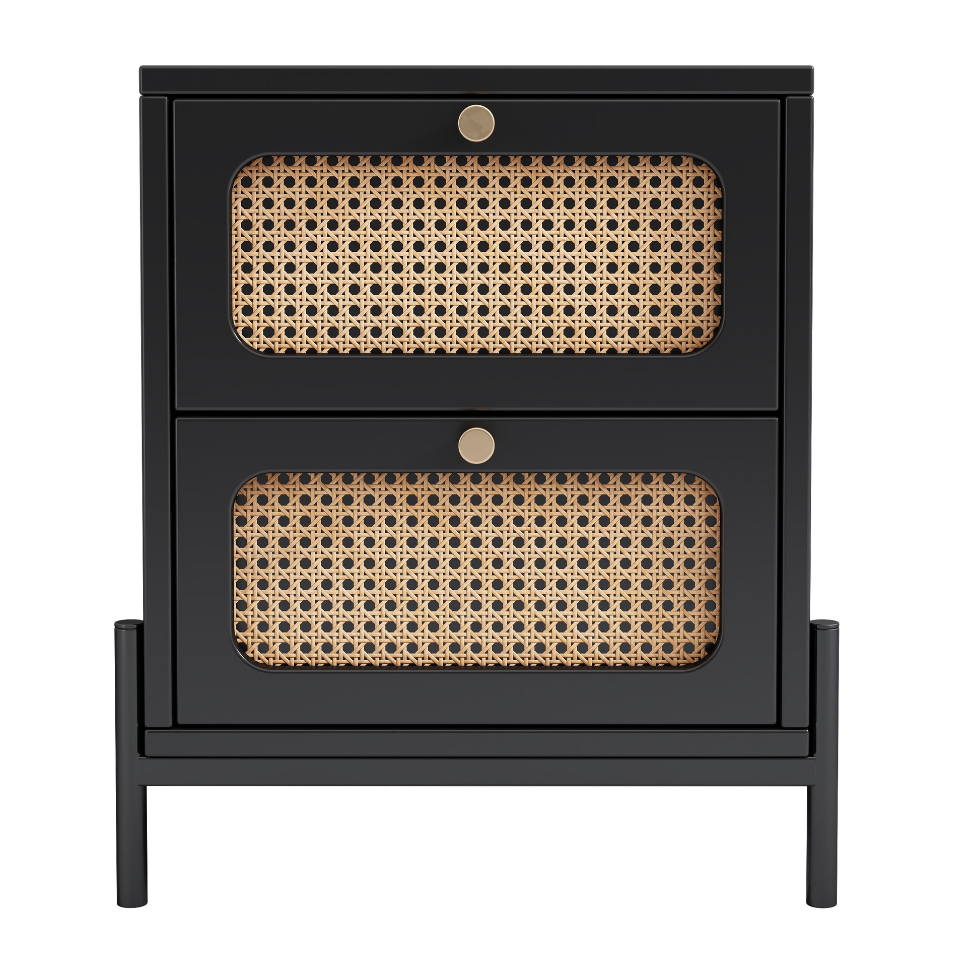 4 Pieces Modern Cannage Rattan Platform Queen Bed Nightstand*2 Dresser, Black Black Wood