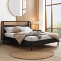 4 Pieces Modern Cannage Rattan Platform Queen Bed Nightstand*2 Dresser, Black Black Wood