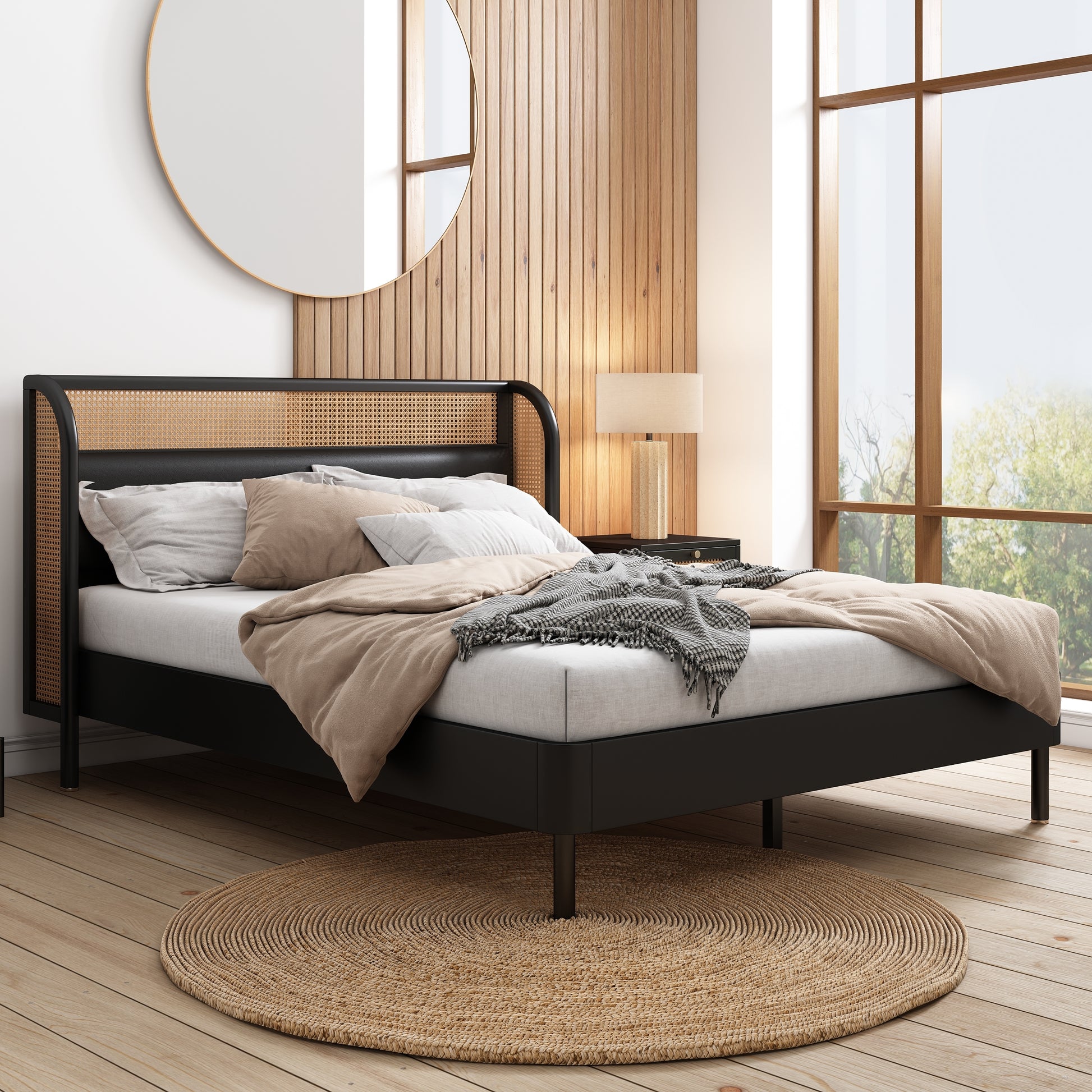 4 Pieces Modern Cannage Rattan Platform Queen Bed Nightstand*2 Dresser, Black Black Wood