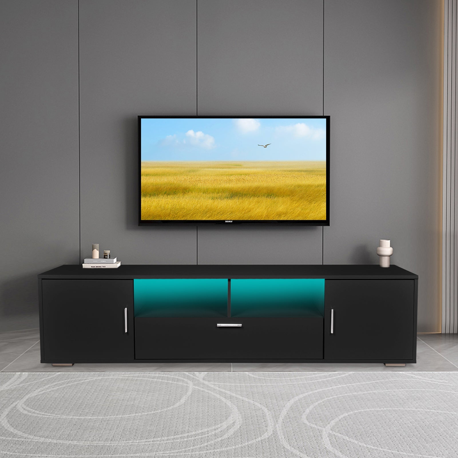 Modern Tv Stand With Led Lights Entertainment Center Tv Cabinet With Storage For Up To 75 Inch For Gaming Living Room Bedroom Black 70 79 Inches Particle Board