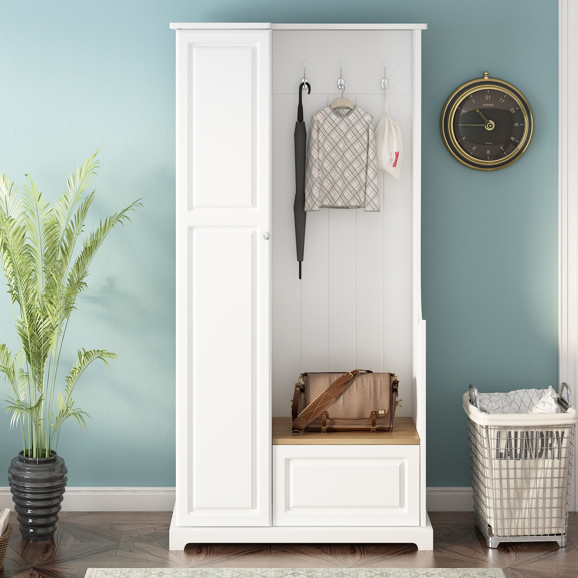 Stylish Design Hall Tree With Flip Up Bench, Minimalist Hallway Shoe Cabinet With Adjustable Shelves, Multifunctional Furniture With Hanging Hooks For Entryways, Mudroom, White High Back White