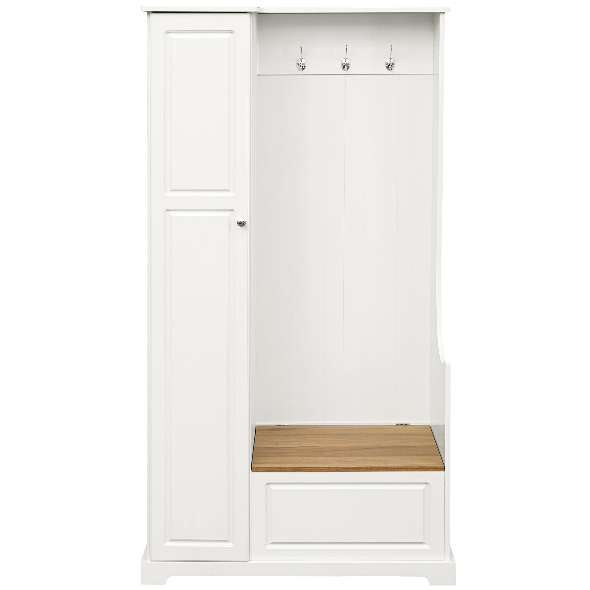 Stylish Design Hall Tree With Flip Up Bench, Minimalist Hallway Shoe Cabinet With Adjustable Shelves, Multifunctional Furniture With Hanging Hooks For Entryways, Mudroom, White High Back White