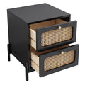 4 Pieces Modern Cannage Rattan Platform Queen Bed Nightstand*2 Dresser, Black Black Wood