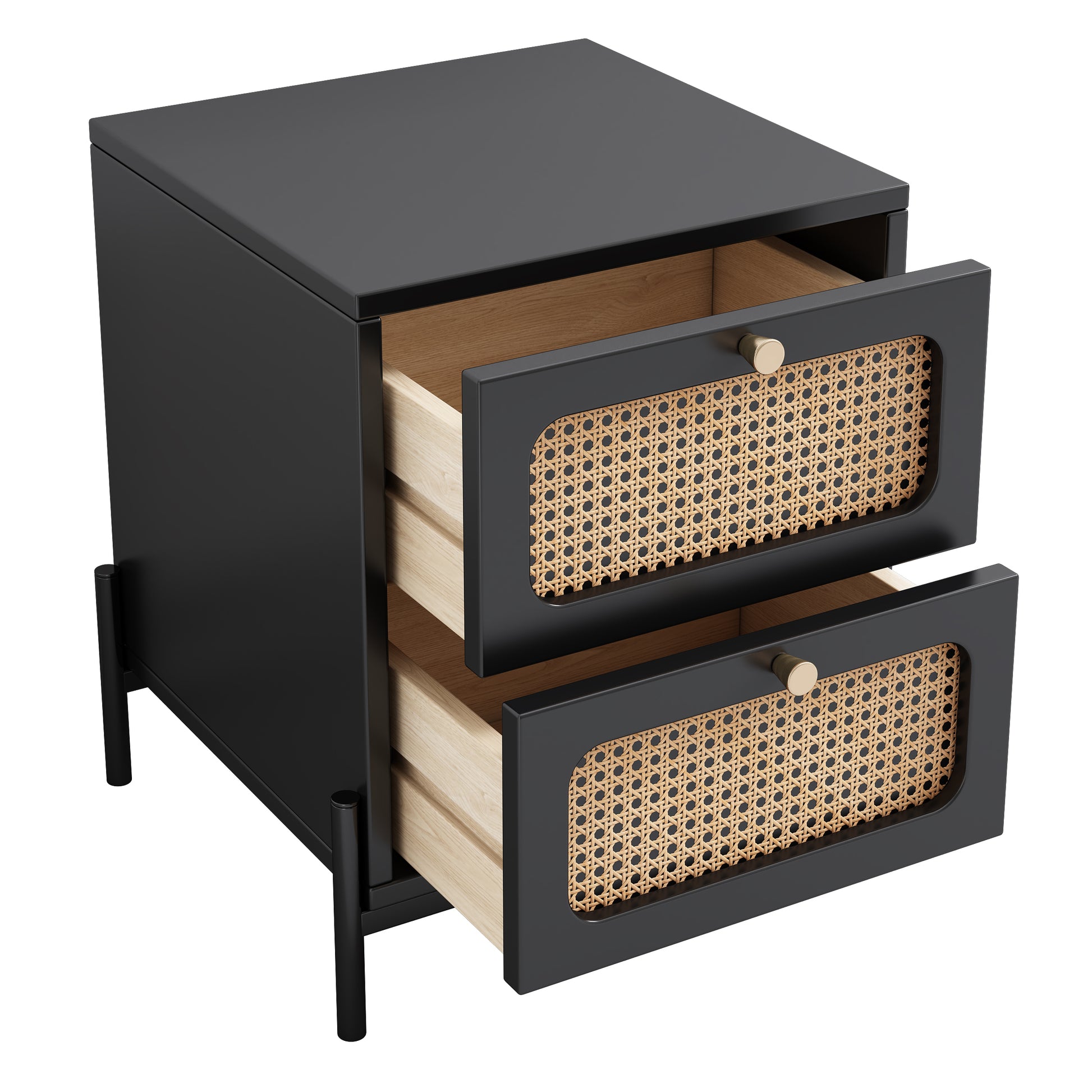 4 Pieces Modern Cannage Rattan Platform Queen Bed Nightstand*2 Dresser, Black Black Wood