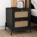 4 Pieces Modern Cannage Rattan Platform Queen Bed Nightstand*2 Dresser, Black Black Wood