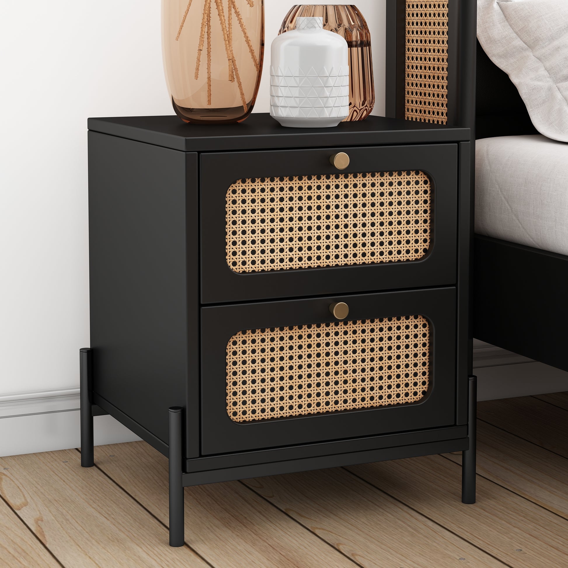 4 Pieces Modern Cannage Rattan Platform Queen Bed Nightstand*2 Dresser, Black Black Wood