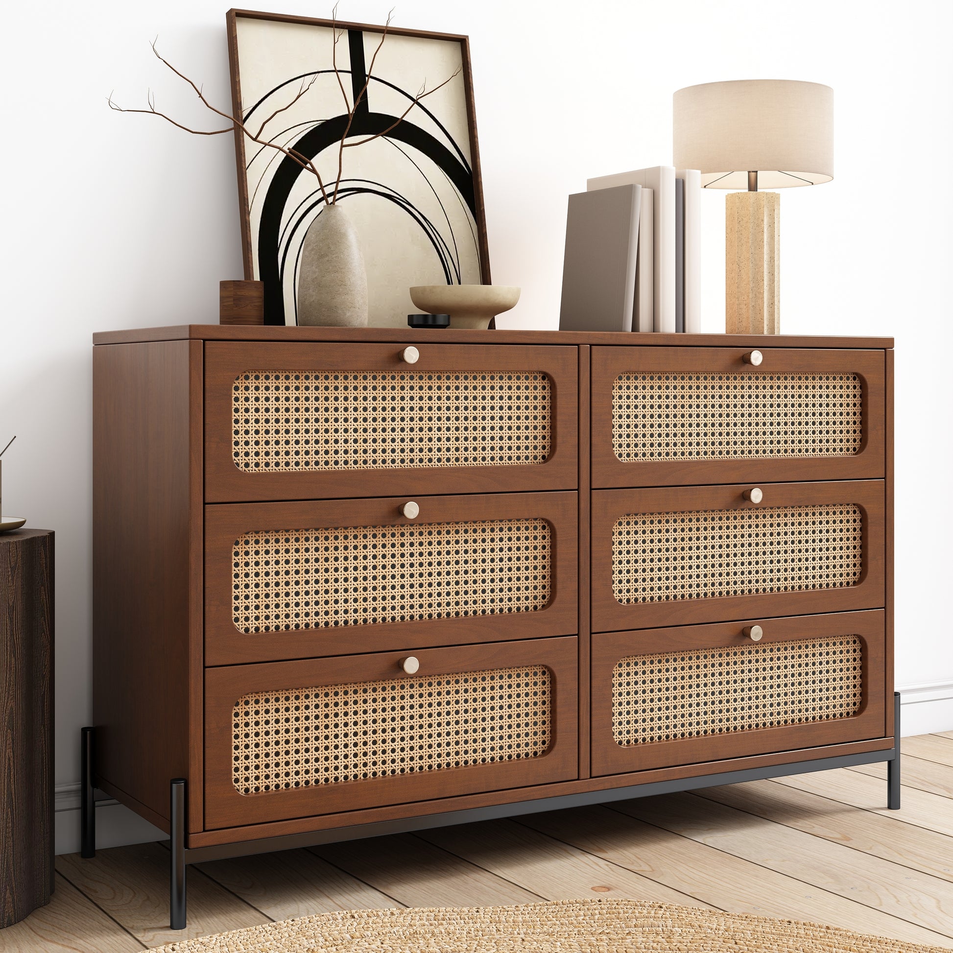 Modern Cannage Rattan Wood Closet 6 Drawer Dresser Wood Storage Cabinet Sideboard For Bedroom, Living Room, Entryway, Hallway, Walnut Walnut Wood