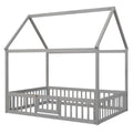 Full Size Wood House Bed With Fence And Door, Gray Wash Gray Pine