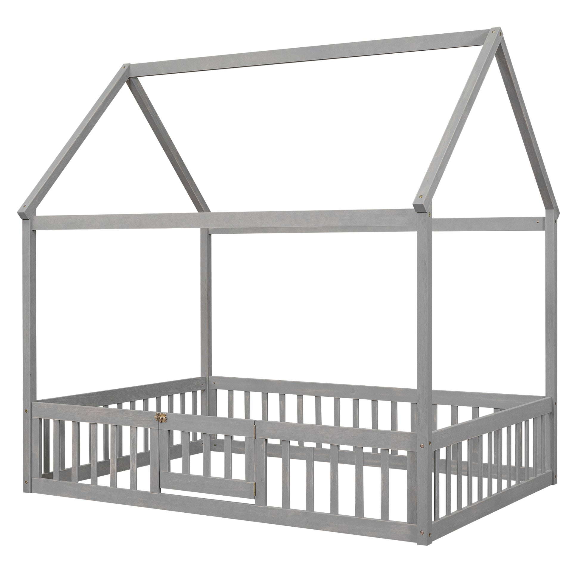Full Size Wood House Bed With Fence And Door, Gray Wash Gray Pine