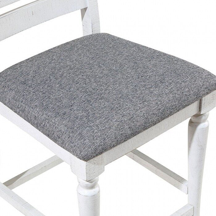 Majestic Rustic Counter Height 2Pc Dining Chairs Set Antique White Solid Wood Gray Fabric Cushions Two Tone Turned Legs High Chair Dining Room Furniture Antique White Gray White Dining Room Rustic,Transitional Dining Chairs Ladder Back Solid Wood