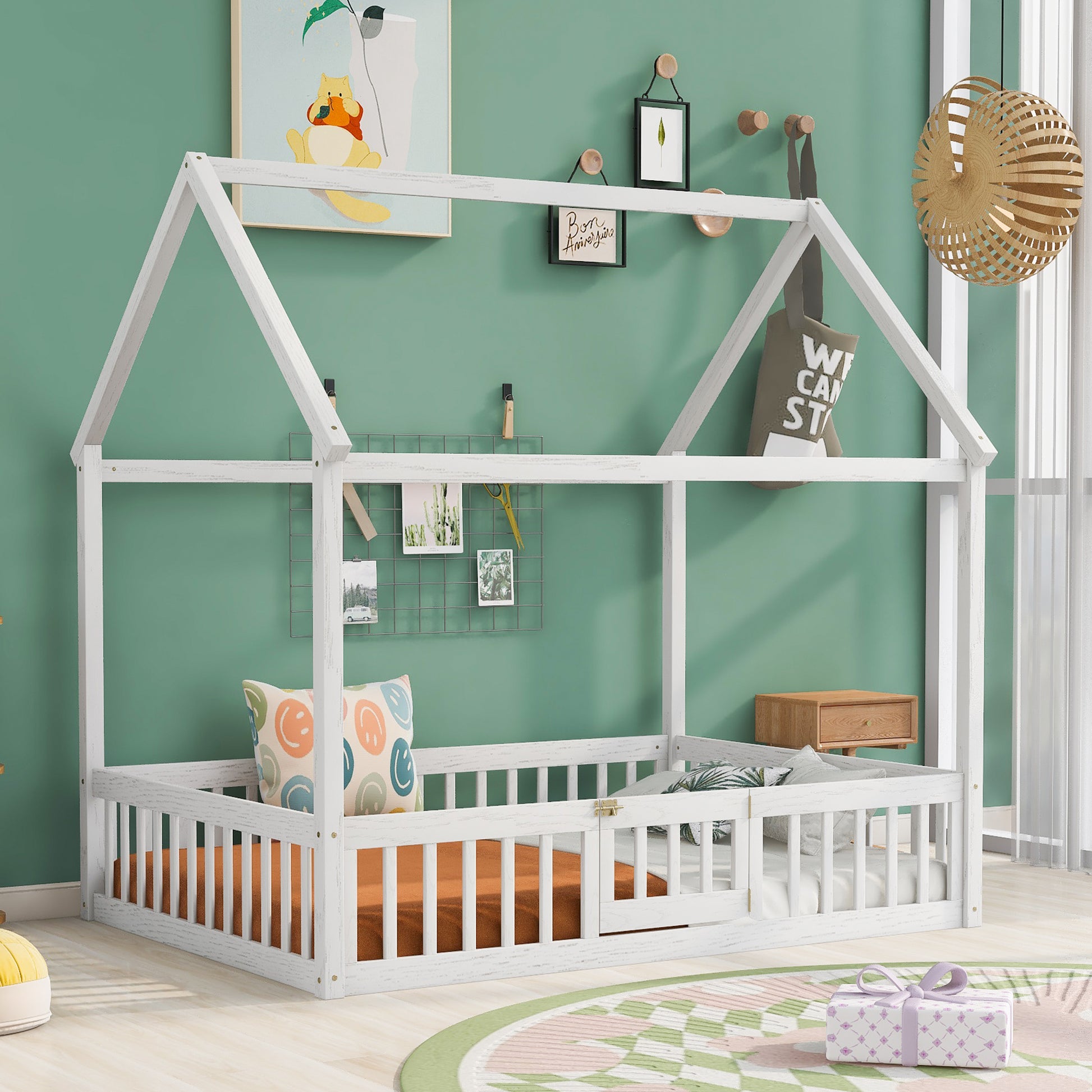 Full Size Wood House Bed With Fence And Door, White Wash White Pine