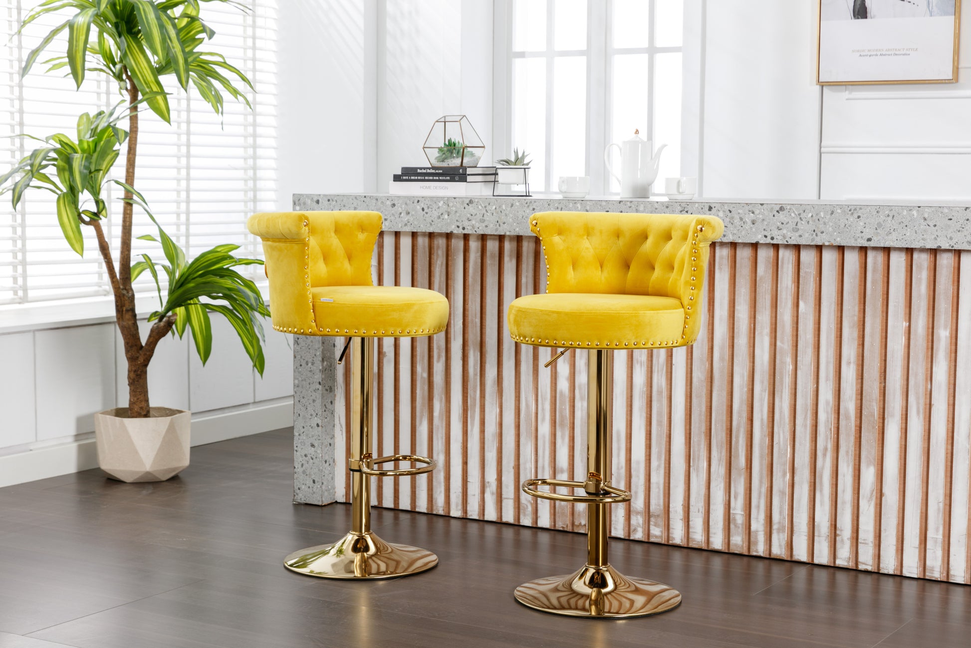 Coolmore Swivel Bar Stools Set Of 2 Adjustable Counter Height Chairs With Footrest For Kitchen, Dining Room 2Pc Set Yellow Velvet