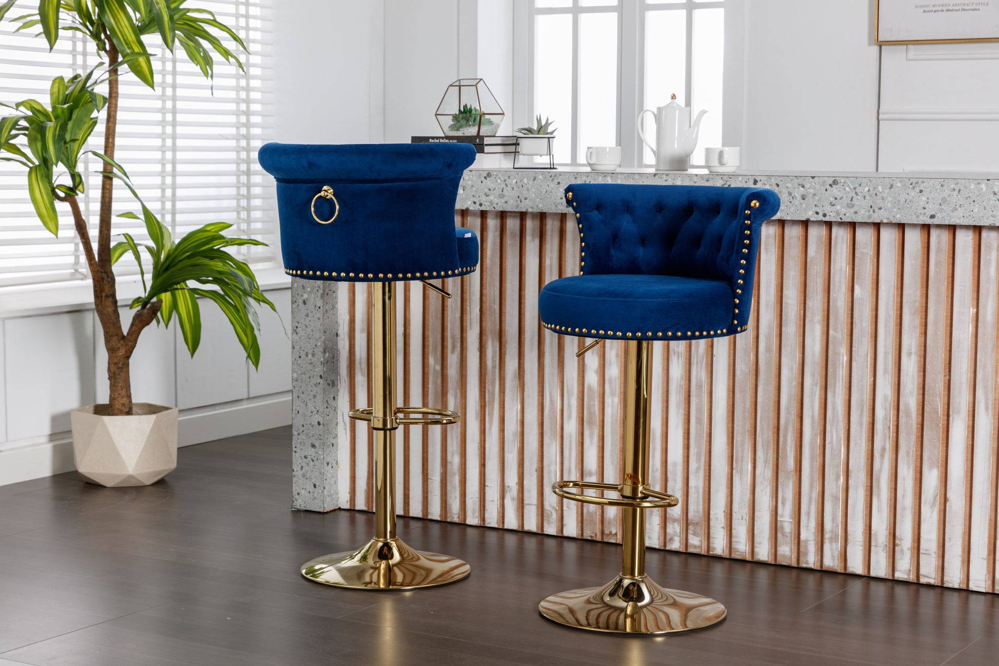 Coolmore Swivel Bar Stools Set Of 2 Adjustable Counter Height Chairs With Footrest For Kitchen, Dining Room 2Pc Set Navy Velvet
