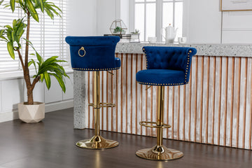 Coolmore Swivel Bar Stools Set Of 2 Adjustable Counter Height Chairs With Footrest For Kitchen, Dining Room 2Pc Set Navy Velvet