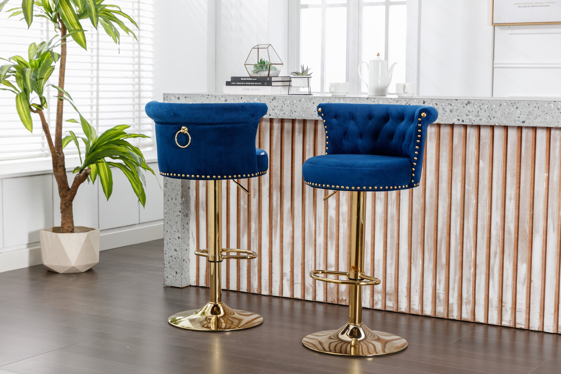 Coolmore Swivel Bar Stools Set Of 2 Adjustable Counter Height Chairs With Footrest For Kitchen, Dining Room 2Pc Set Navy Velvet