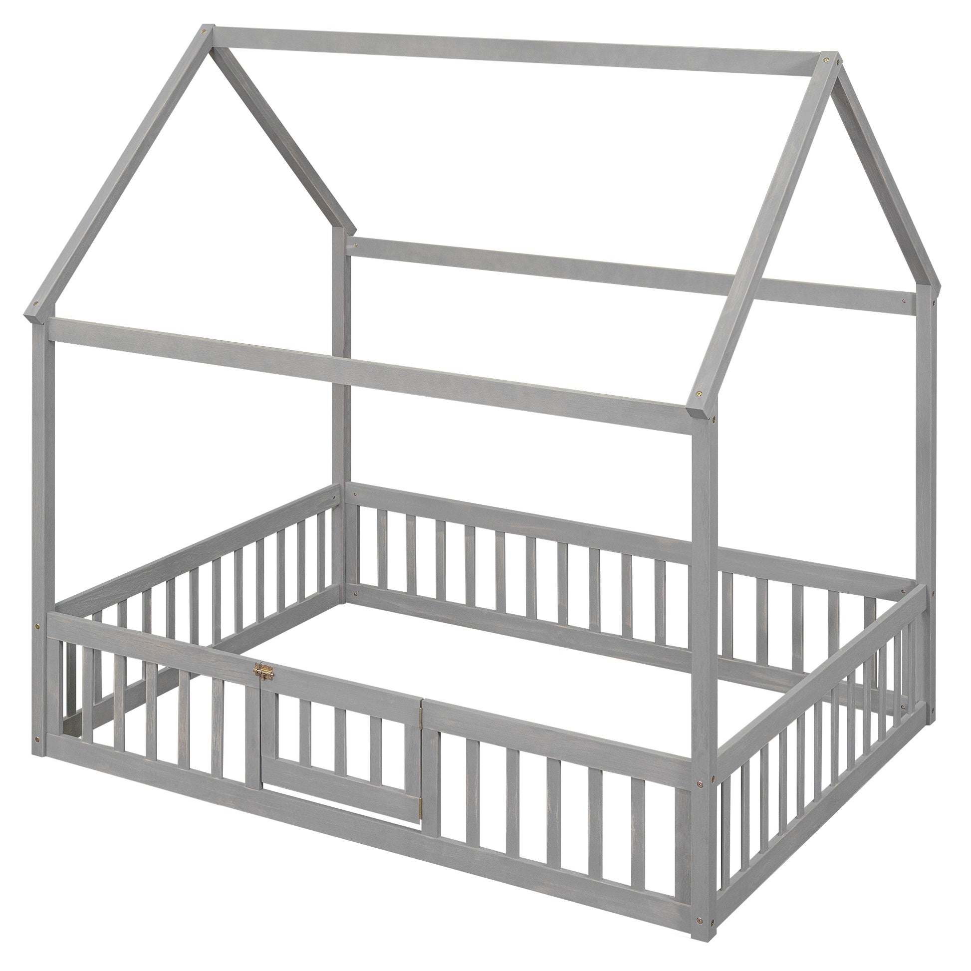 Full Size Wood House Bed With Fence And Door, Gray Wash Gray Pine